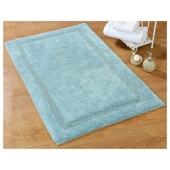Bath Rug 100% Soft Cotton, Size 34x21 Inch, Latex Spray Non-Skid Backing, Solid Arctic Blue Color, Textured Border, Hand Tufted, Heavy 190 GSF Weight, Machine Washable