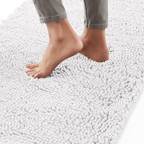 Bath Rug 24x17, Thick Soft Absorbent Chenille, Rubber Backing Quick Dry Microfiber Mats, Machine Washable Rugs for Shower Floor, Bathroom Runner Bathmat Accessories Decor, White