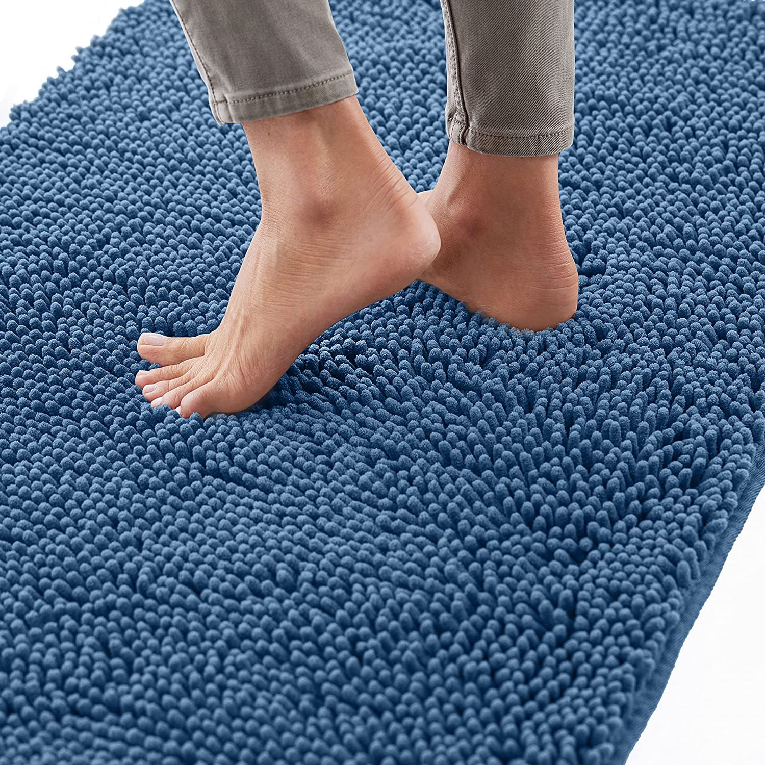 Bath Rug 24x17, Thick Soft Absorbent Chenille, Rubber Backing Quick Dry Microfiber Mats, Machine Washable Rugs for Shower Floor, Bathroom Runner Bathmat Accessories Decor, Blue
