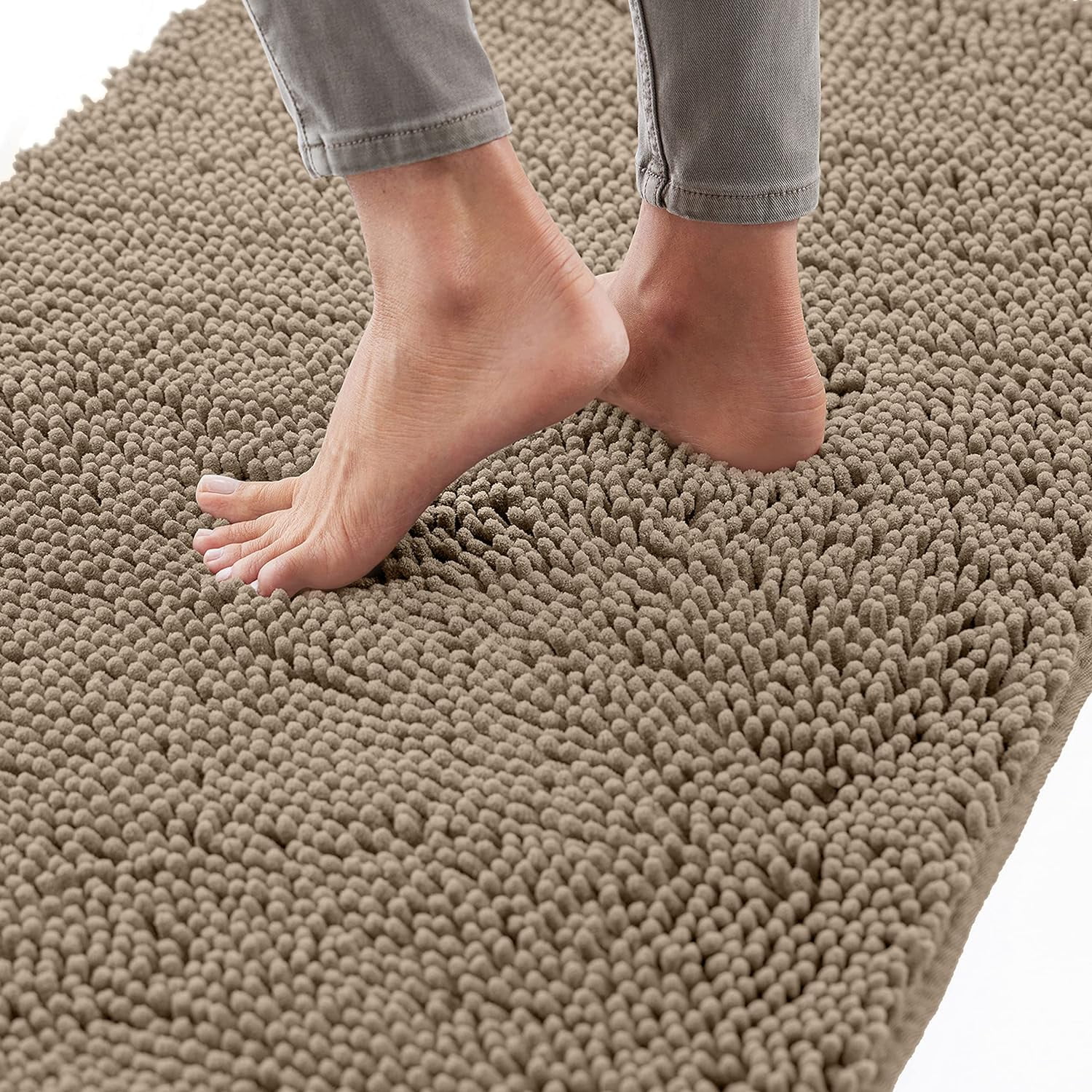 Bath Rug 24x17, Thick Soft Absorbent Chenille, Rubber Backing Quick Dry Microfiber Mats, Machine Washable Rugs for Shower Floor, Bathroom Runner Bathmat Accessories Decor, Beige