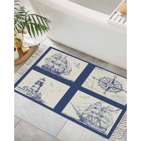 Bath Rug 2x3ft Woven Bathroom Entryway Runner Rug, Washable Living Room Hallway Bedroom Kitchen Carpet with Tassels, Non-Shedding Indoor Outdoor Throw Doormat