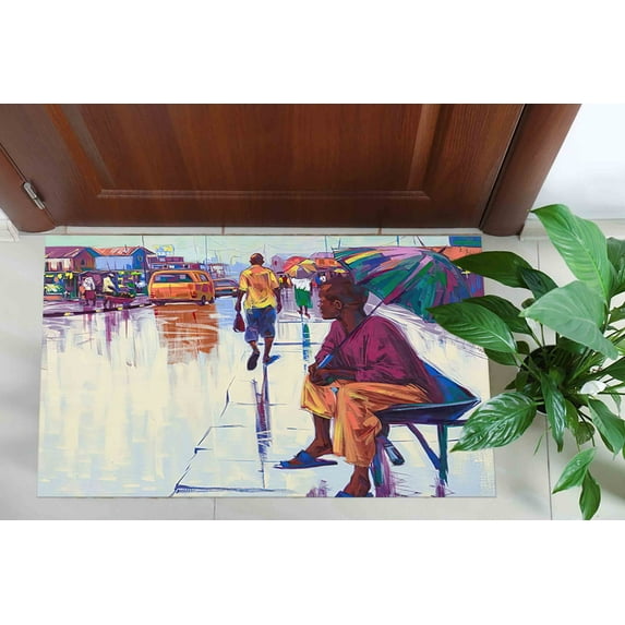 Bath Rug, Abstract Rug, Bathroom Rug, Large Rug, Rainy Day Rugs, African Street View Rug, African Woman With Umbrella Rug, Printed Rugs, 3.3'x9.2' - 100x280 cm