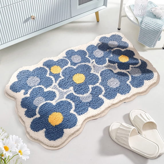 Bath Rug for Bathroom Super Soft Fluffy Rug Home Floor Mat Floral Carpet Water Absorption Machine Washable Bath Mat for Bedroom, Living Room and Bathroom, 16 x 24 Inches, Blue Flower,A