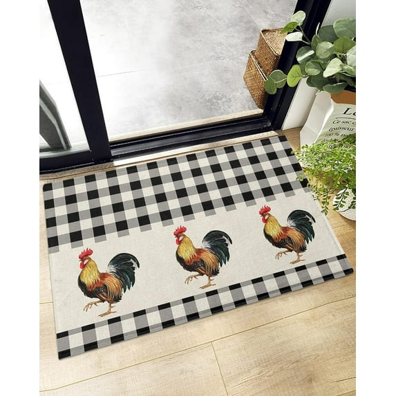 Bath Rug Farmhouse Rooster Vintage Black Check,Non Slip Shag Carpet Soft Floor Door Mat Watercolor Chicken Retro Linen,Absorbent Entrance Rugs for Kitchen Bathroom Living Room 32 x20 Inch