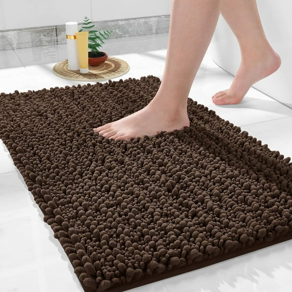 Bath Rug Mat, 32 x 20, Soft Shaggy Chenille Bathroom Rugs, Large Size, Super Absorbent & Thick, Non-Slip, Machine Washable Bathroom mat, Bath Mats for Bathroom, Tub & Shower, Brown