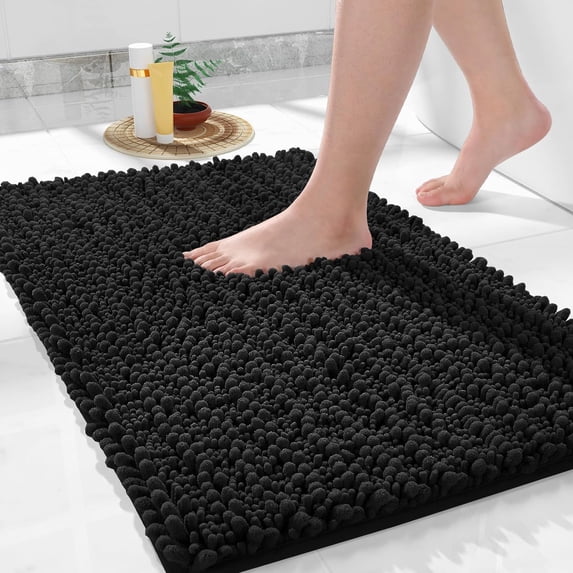 Bath Rug Mat, 32 x 20, Soft Shaggy Chenille Bathroom Rugs, Large Size, Super Absorbent & Thick, Non-Slip, Machine Washable Bathroom mat, Bath Mats for Bathroom, Tub & Shower, Black