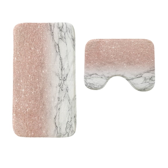 Bath Rug Set 2Pcs Pink Marble Bathroom Rugs Soft Flannel Water Absorbent Non-Slip Floor Mats Decor
