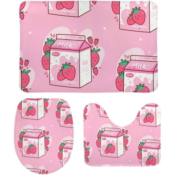Bath Rug Set 3 Piece ﻿Carton of Strawberry Milk Kawaii Anime Cartoon Pink Rugs Non-Slip Mat U-Shaped Contour Rug O-Shaped