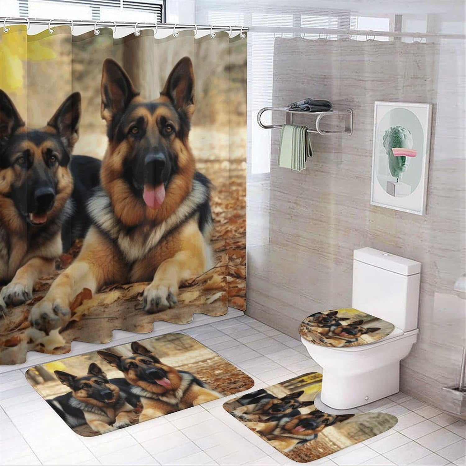 Bath Rug Set 4 Piece German Shepherd Dog Print 4 Piece Bathroom Rug Set,Four Piece Bathroom Sets Including Shower Curtain Sets and Hooks