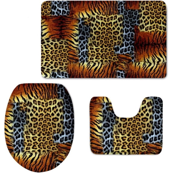Bath Rug Set Leopard Tiger Striped Printed Non-Slip Absorbent Bathroom Mat Contour Rug Toilet Lid Cover