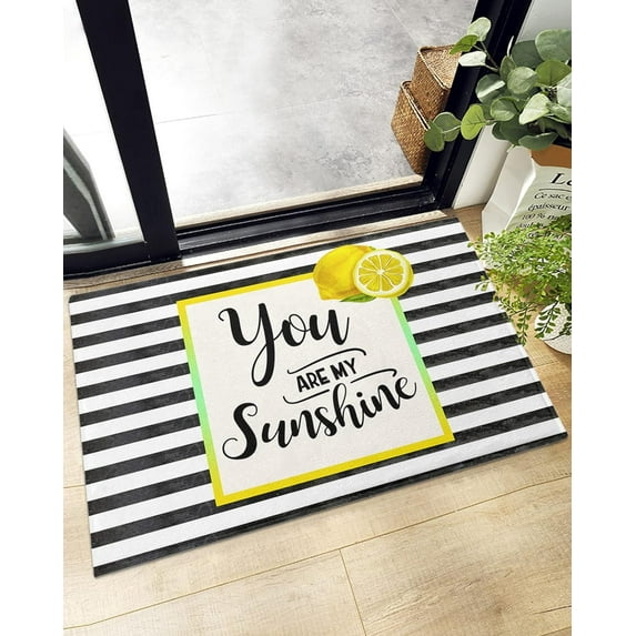 Bath Rug Sunny Lemon Black White Stripes,Non Slip Shag Carpet Soft Floor Door Mat Summer Watercolor Farm Fruit,Absorbent Entrance Rugs for Kitchen Bathroom 16X24In