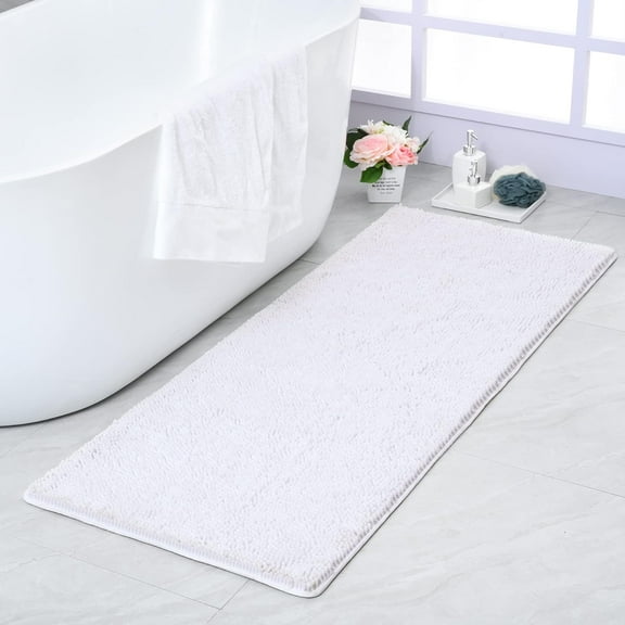 Bath Rugs 24'' x 70'' Large Runner Bathroom Rug, Soft Luxury Chenille Bathroom Mats with Non-Slip Backing, Throw Absorbent Carpet for Bath Tub/Shower, Machine Washable Durable Rug, White