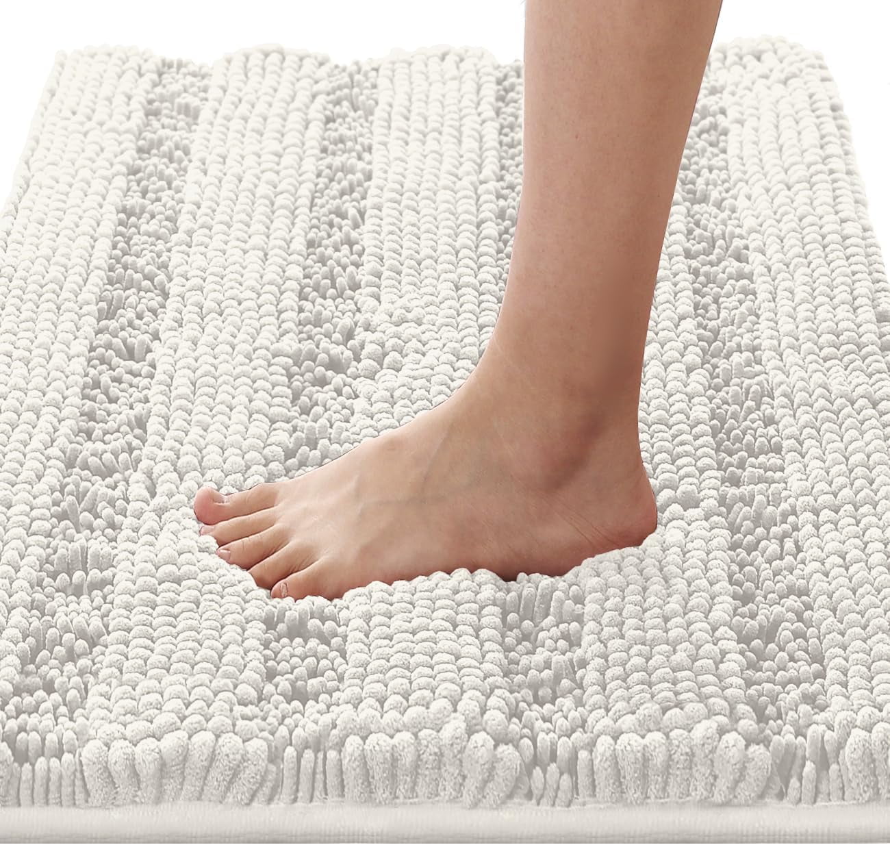 Bath Rugs for Bathroom Non Slip Bath Mats Extra Thick Chenille Striped Rug 20" x 32" Absorbent Non Skid Fluffy Soft Shaggy Washable Dry Fast Plush Mat for Indoor, Bath Room, Tub - Cream