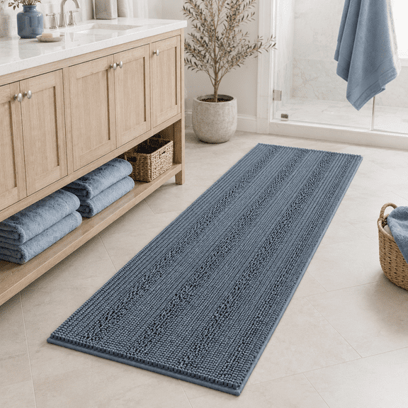 PrimeBeau Slip-Resistant Washable Striped Chenille Shaggy Bath Mat Runner, 47 inch by 17 inch, Stone Blue