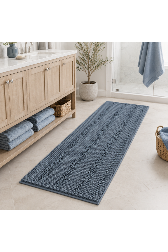 Slip-Resistant Washable Striped Chenille Shaggy Bath Mat Runner, 47 inch by 17 inch, Stone Blue