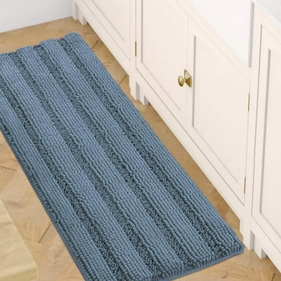 PrimeBeau Slip-Resistant Washable Striped Chenille Shaggy Bath Mat Runner, 47 inch by 17 inch, Stone Blue