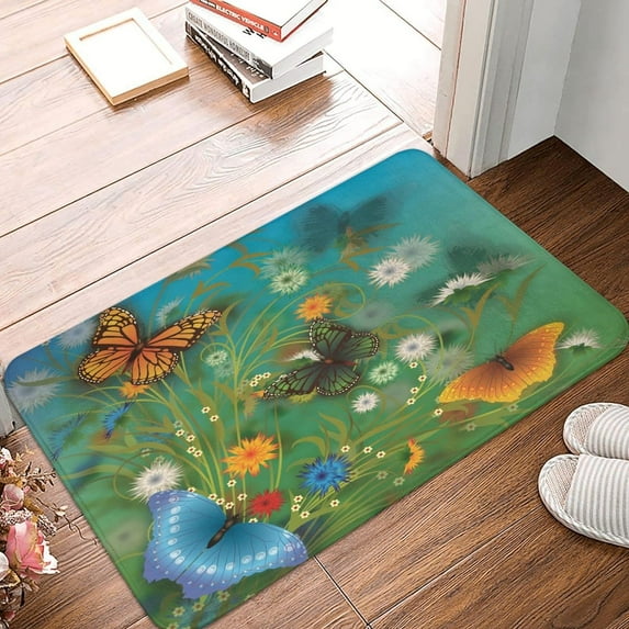 Bath Rugs Beautiful Flying Butterflies Door Mat Outdoor Lovely Meadow Flowers Natural Scenery Painting Doormat Non Slip Absorbent Bathroom Rug Carpet for Home Entrance Kitchen 16x24Inch