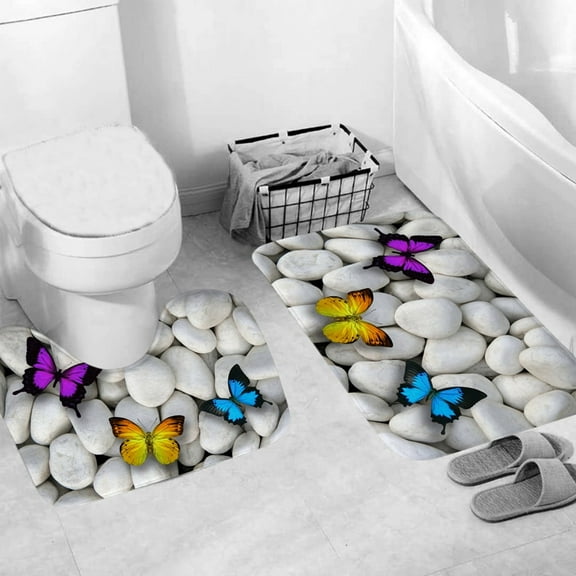 XIAWE Gray Polyester Flannel Bath Rugs, Stone Butterfly Pattern, 2 Count, Machine Washable