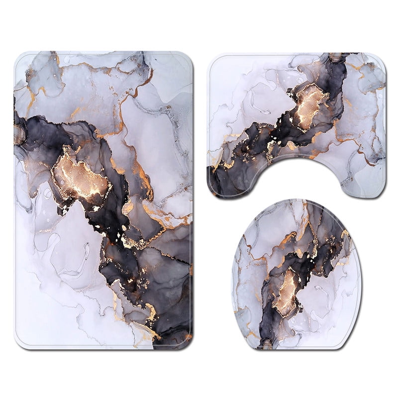Bath Rugs Set 3Pcs Non-Slip Absorbent Soft Gray Marbling Bathroom Mats Machine Washable