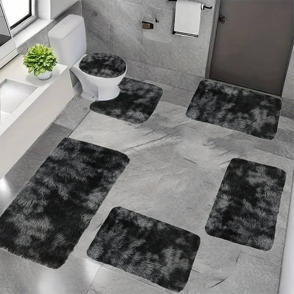 Bath Rugs Set 6-Piece, Long Plush Thick &Super Absorbent Non-Slip Bathroom Mats,Complete Bathroom Mat Set for Shower(Black)
