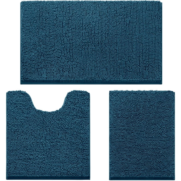 Bath Rugs Set Blue-atlantic Blue, 17"x24"+20"x32"+U Shape 20"x24" 3-Piece Bathroom Mat Set