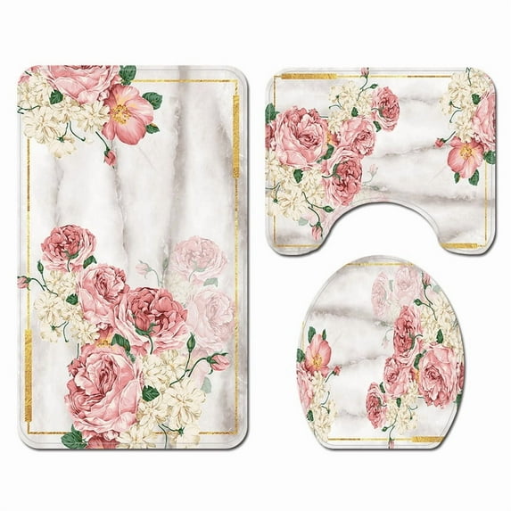 Bath Rugs Soft Non-Slip Absorbent Pink Flowers Bathroom Mats 3Pcs Set Machine Washable