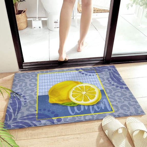 Bath Rugs Summer Yellow Lemon Blue Buffalo Plaid Leopard Indoor Floor Mat, Non Slip Front Door Mat Entrance Doormats Farm Fruit Vintage Wood Grain Area Rug for Kitchen/Bathroom/Home Decor