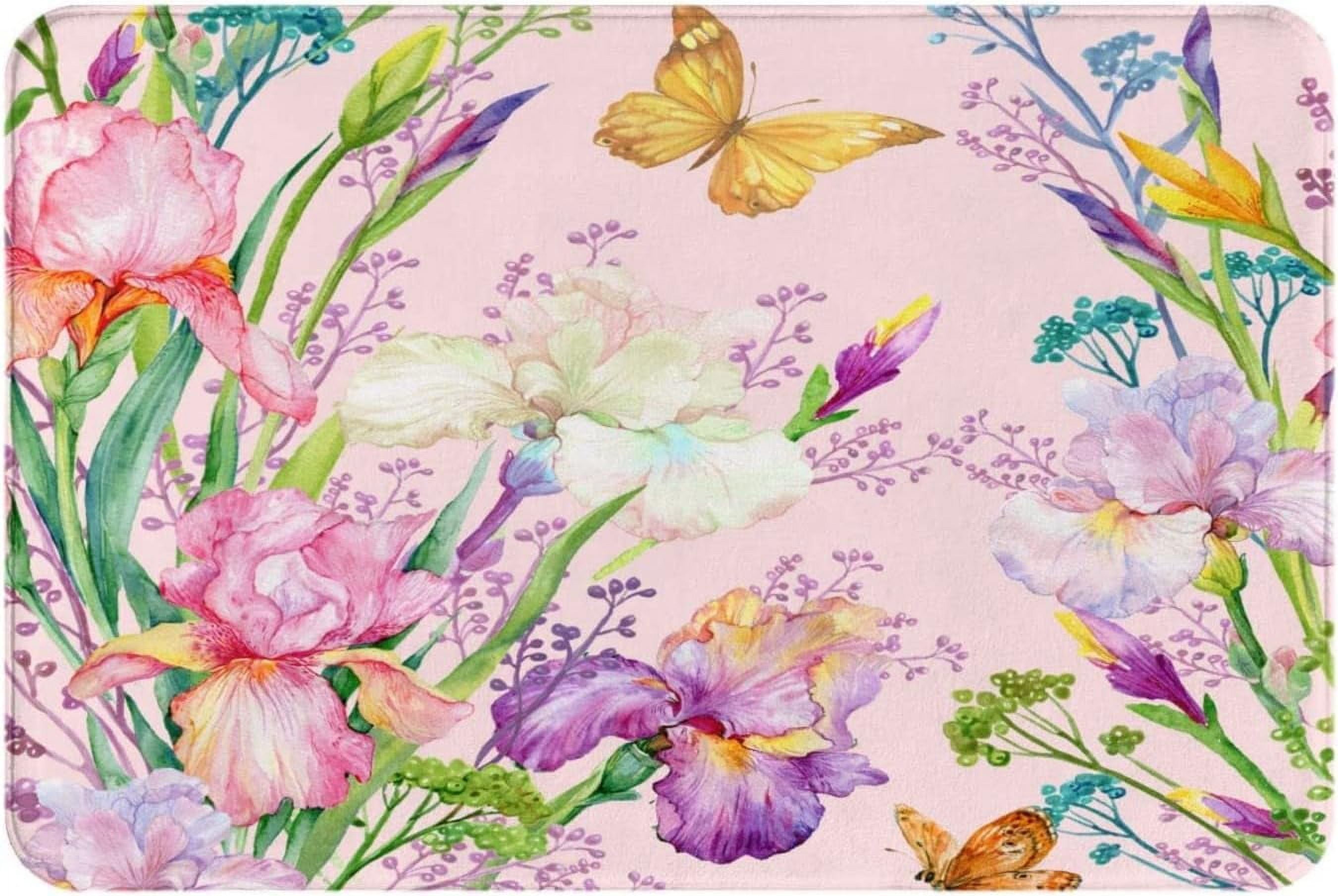 Bath Rugs Watercolor Colorful Meadow Flowers Door Mat Outdoor Spring