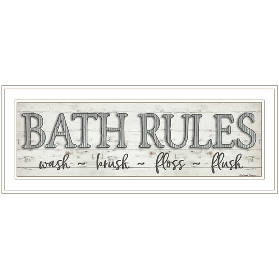 Trendy Decor4U "Bath Rules" By Susie Boyer, Ready to Hang Framed Print, White Frame
