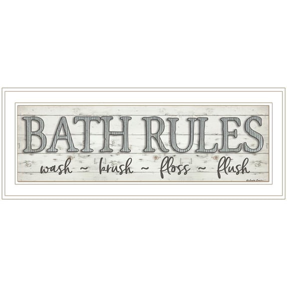 Trendy Decor4U "Bath Rules" By Susie Boyer, Ready to Hang Framed Print, White Frame