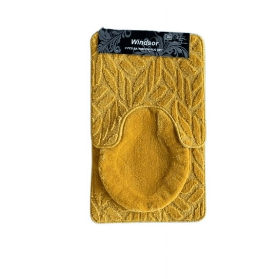 Bath Set 3 Piece Anti-Slip Leaf patch Bathroom Mat, Large Contour Mat & Toilet Seat Lid Cover 30" x 18" - Gold