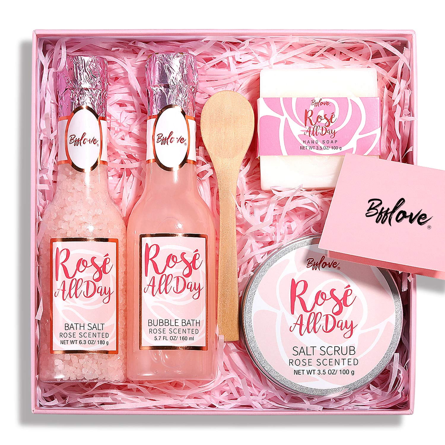 BFF Love 6pcs Spa Gifts for Women, Bath Gift Set, Rose Gift Baskets for Women, Spa Kit with Essential Rose Oil, Bath Salt, Soap, Natural Petals
