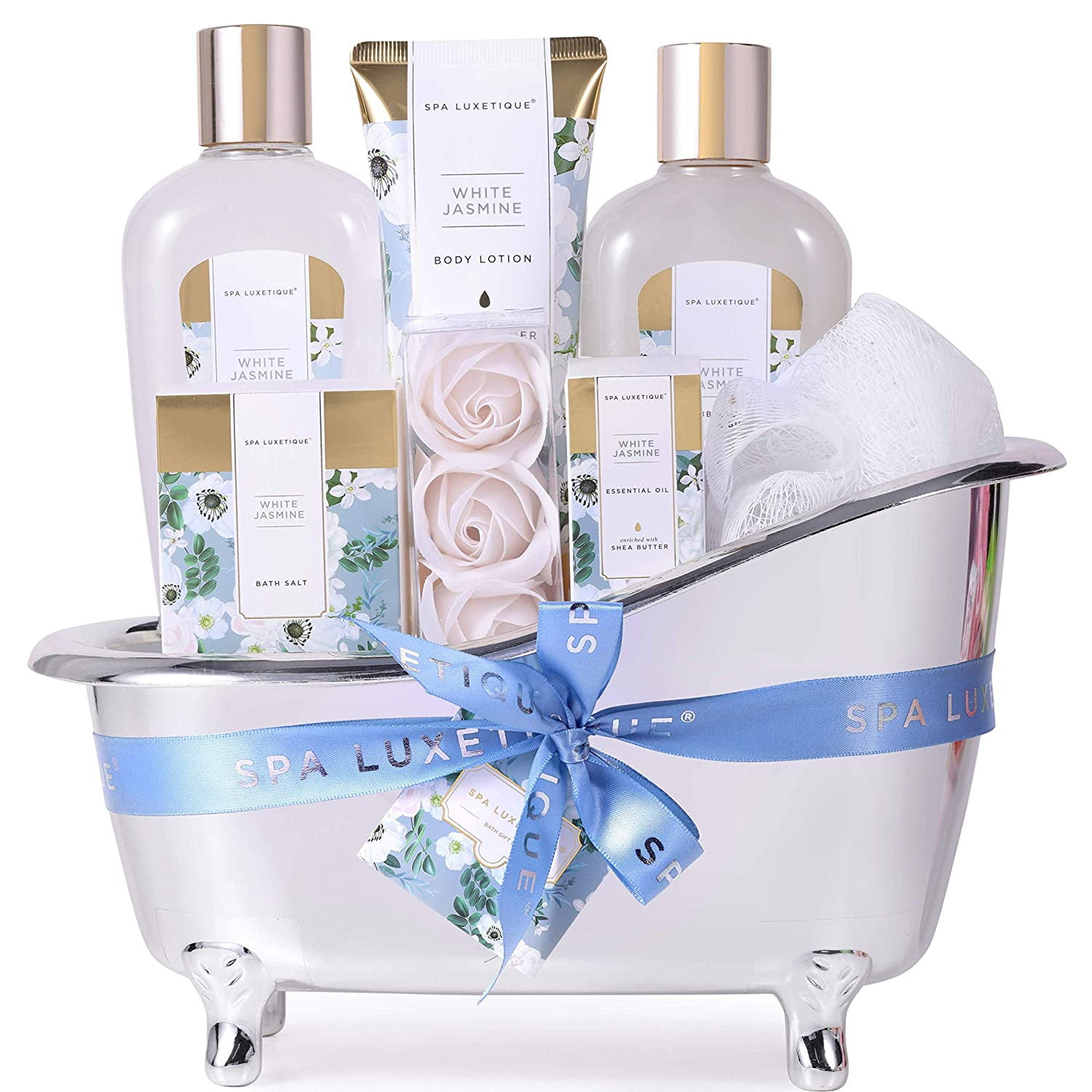 Robe Spa Gift Set- 7 pc for New Mothers Postpartum Moms - Luxurious Gift  Set w Jasmine Candle Vanilla Honey Lotion Coconut Oatmeal Body Scrub 