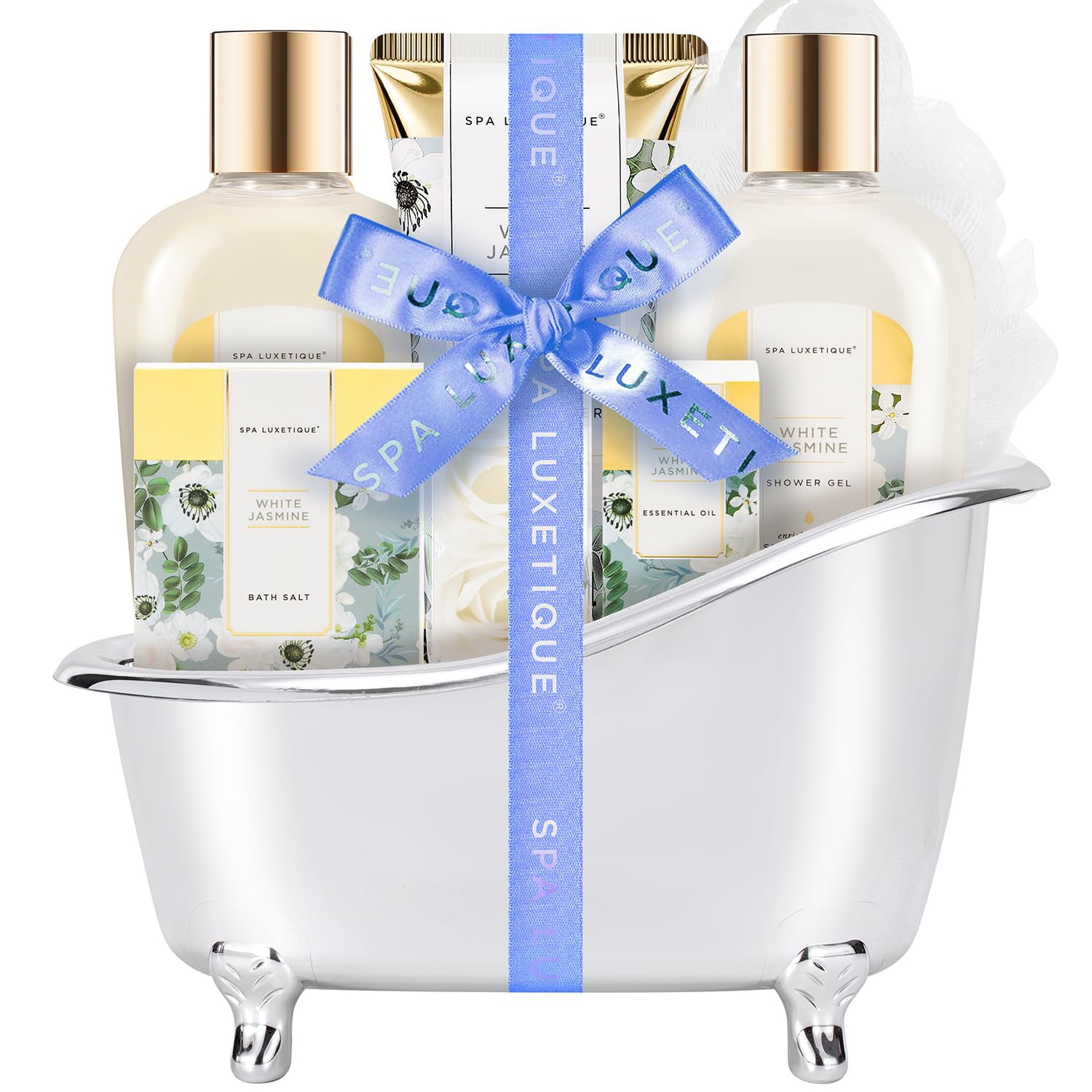 Bath Sets for Women - 8pcs Jasmine Spa Gift Sets, Beauty Birthday Holiday Mothers Day Gifts for Her, Gift Baskets with Body Lotion, Bubble Bath, Essential Oil
