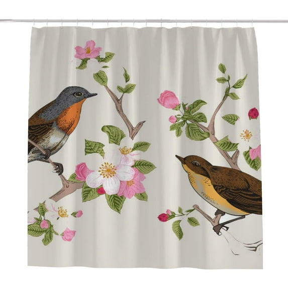 Bath Shower Curtain Liners 66"x72", Birds Flower Branch on Light BeigePolyester Waterproof with 12 Curtain Hooks Bathroom Accessories Decoration