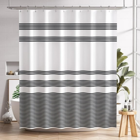 Bath Shower Curtain, Washable Cloth Shower Curtain Sets with 12 Plastic Hooks, Minimalist Fabric Rustic Striped Curtain, Farmhouse Bathroom Curtains, 66x72 Inches
