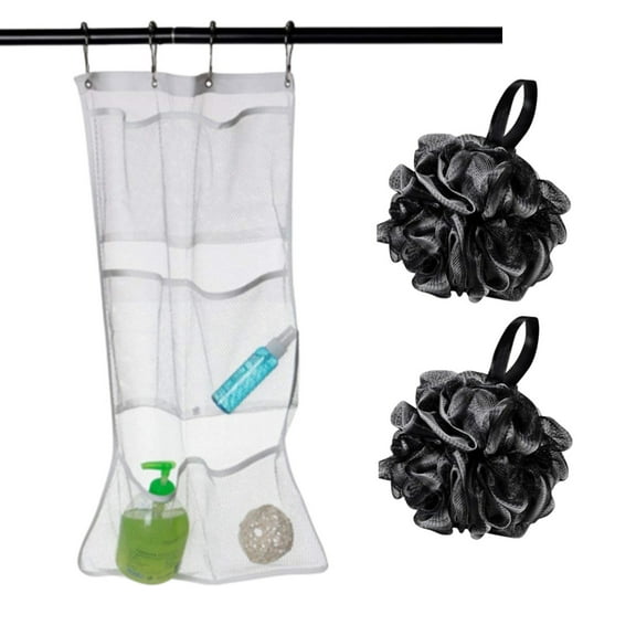 Bath Shower Loofah Sponge 70g & Mesh Shower Organizer Hanging 6 Pockets Over the Door Bathroom Storage, Bath Sponge for Women and Men Set of 3,Large Capacity for Toiletry Accessories, Black+White