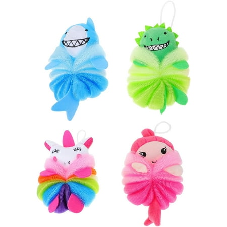 Bath Sponge Ball Shower Scrubber Balls Bath Loofah: 4pcs Bath Mesh Pouf Sponge Unicorn Animal Shower Exfoliating Body Scrubbers for Children Women Men Loofah Bath Sponge