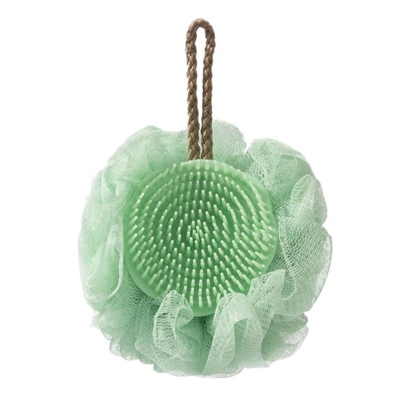 Bath Sponge with Silicone Scrubber 2 in 1 PE Mesh Loofah Exfoliating Tool with Hanging Loop for Body Cleansing Shower Use