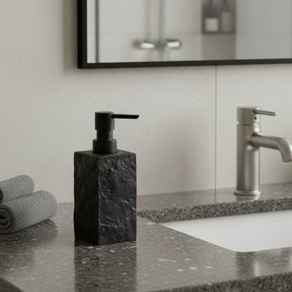 Bath Square Resin Hand Soap & Lotion Dispenser Stone Effect 9 FL OZ Black