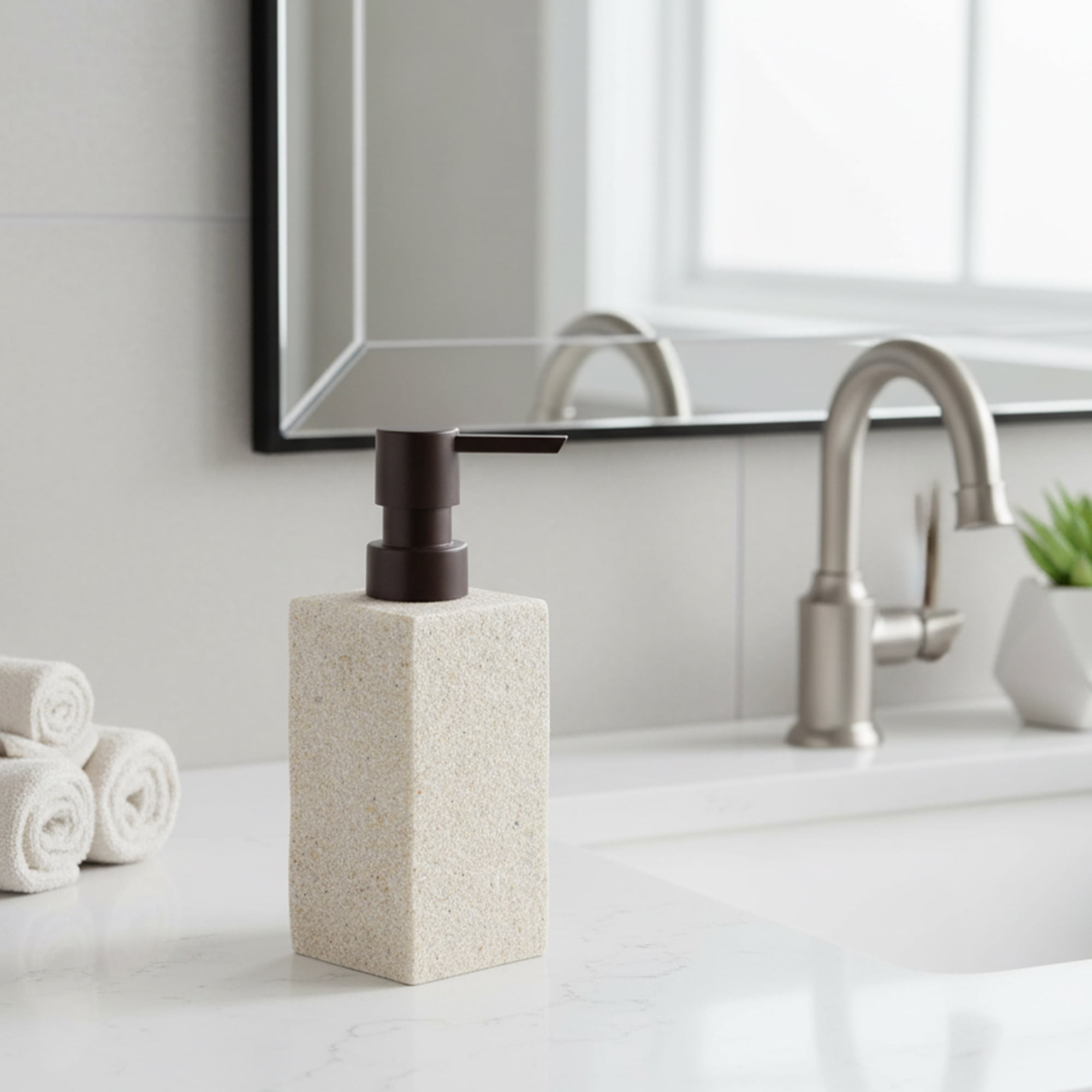 Bath Square Resin Hand Soap & Lotion Dispenser Stone Effect 9 FL OZ Natural