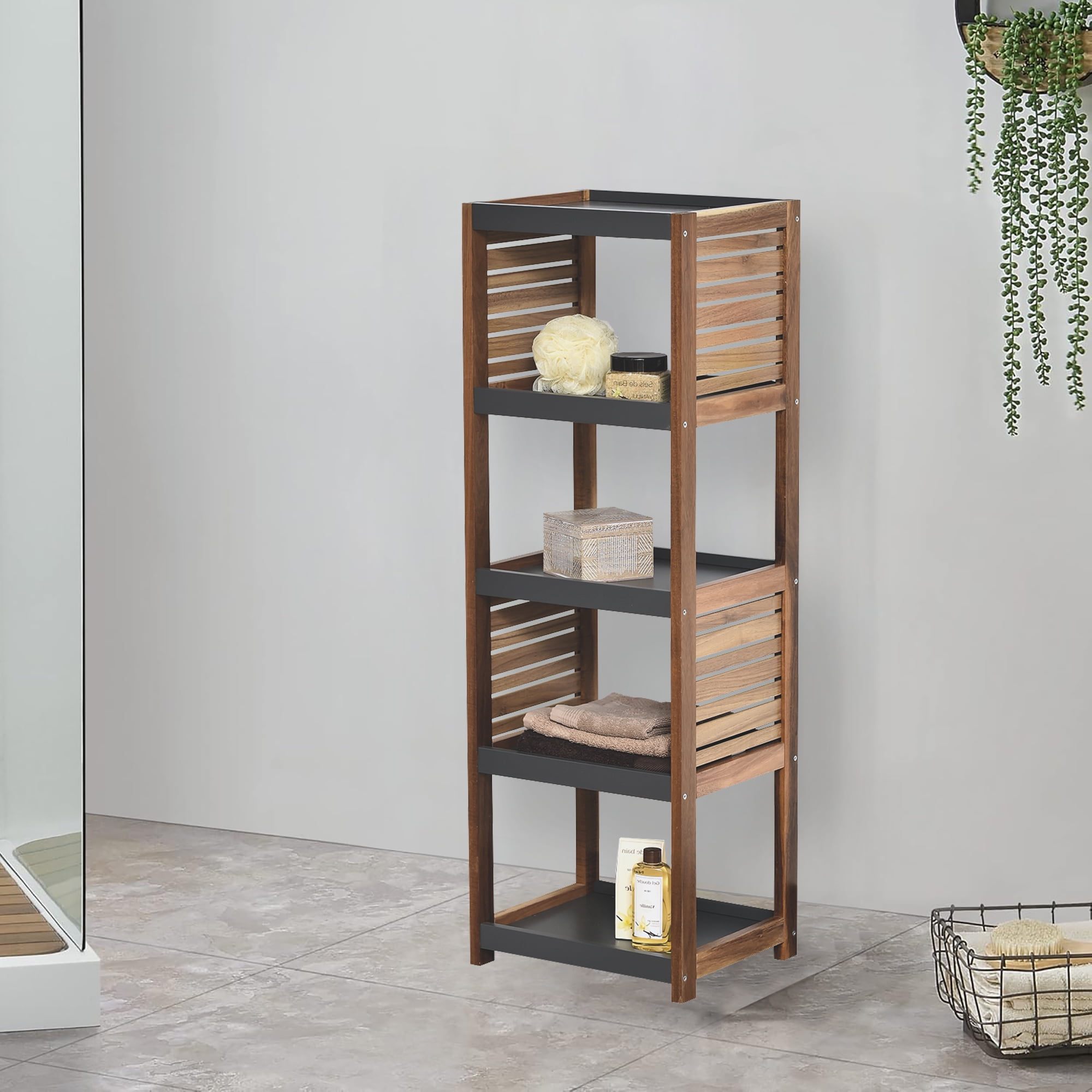 Gray Acacia Wood Adjustable Over-the-Toilet Storage Tower