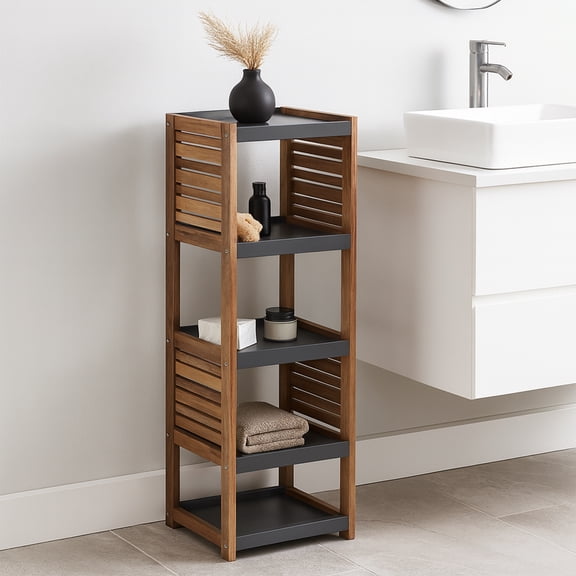 Bath Storage Floor Cabinet Elements 5 Tiers Acacia Wood Grey