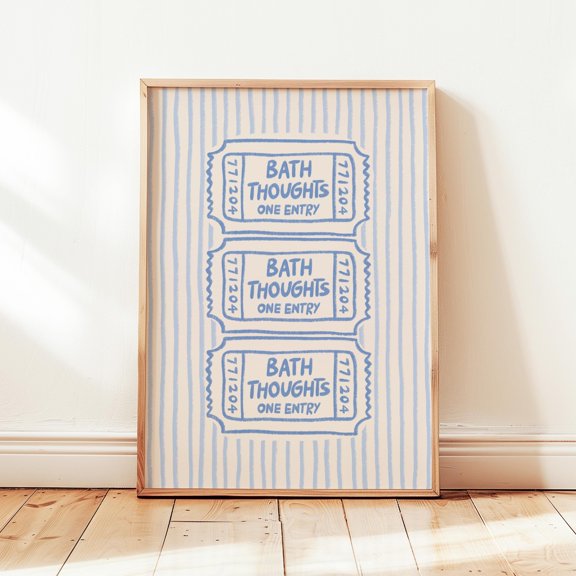 Bath Thoughts Ticket Printable, Blue Stripes Bathroom Poster, Minimalist Wash Room Wall Decor, Poster Only
