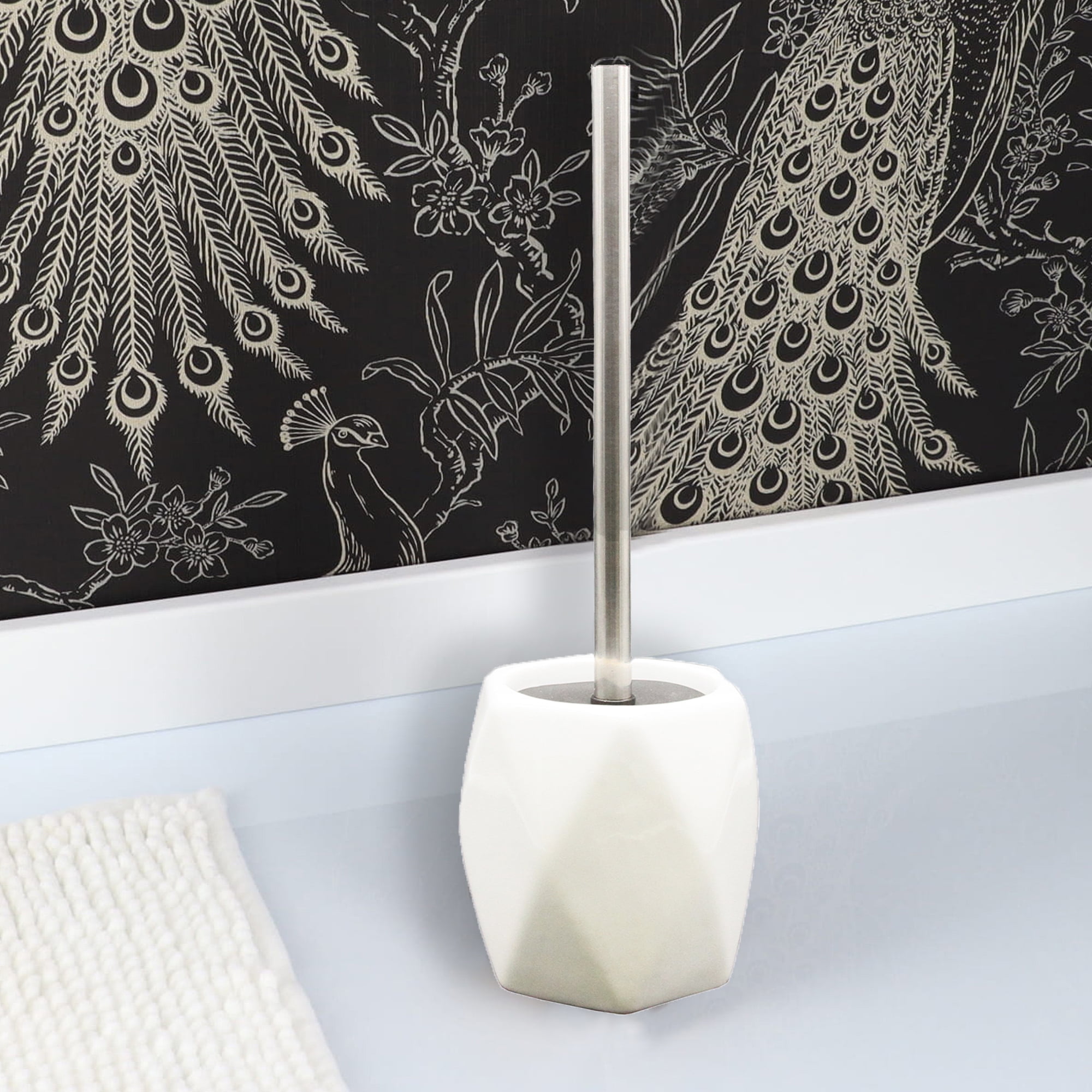 White Diamond Stoneware Toilet Brush Holder with Stainless Steel Handle