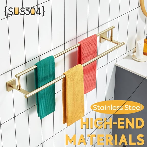 Bath Towel Bars 32-Inch Double Towel Rails Overlength Bathroom Racks for Cabinet Kitchen Brushed Gold Stainless Steel