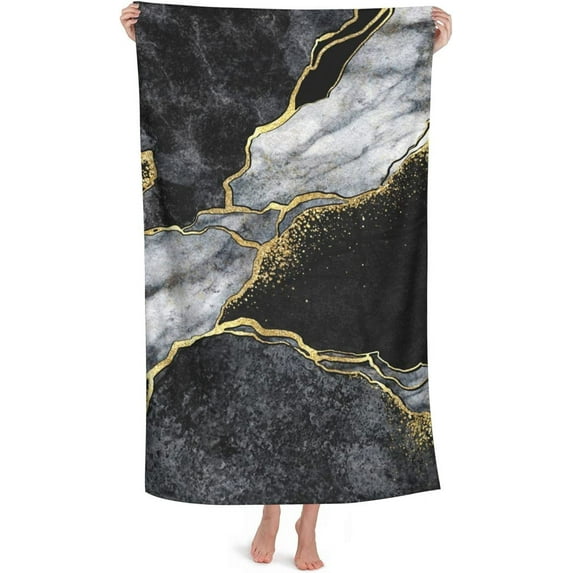 Bath Towel Black Marble Gold Crack Beach Towels Soft Absorbent Washcloths Quick Dry Luxury Hotel Quality Towelling for Adults Kids Bathroom Spa Gym Swimming 31.5 x 51.2 Inch Oversized