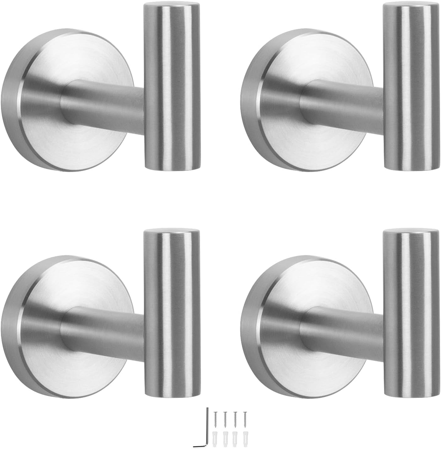 NELXULAS Super Heavy Duty Stainless Steel Wall Mount Towel Hook – 6” Long, 4 Pack With Screws & Anchors, Brushed Finish