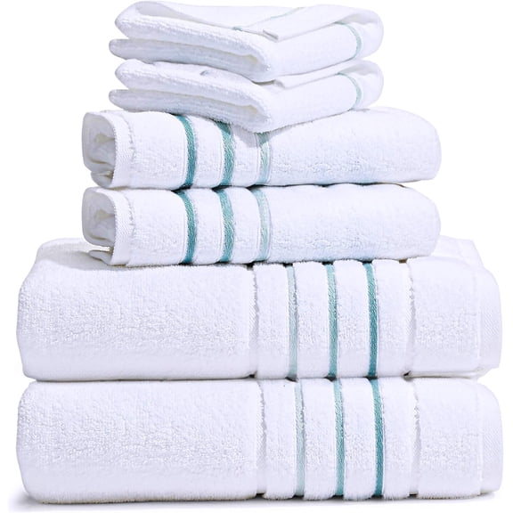 Bath Towel Set 100% Cotton Includes 2 Bath Towels 2 Hand Towels 2 Washcloths White Aqua