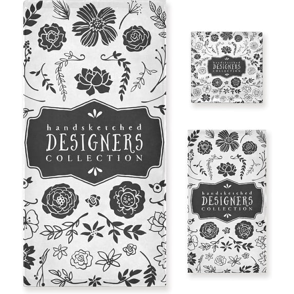Bath Towel Sets for Bathroom Hand Towels Fingertip Towels Vintage Black Flower Floral 3 Piece Decorative Soft Cotton Absorbent